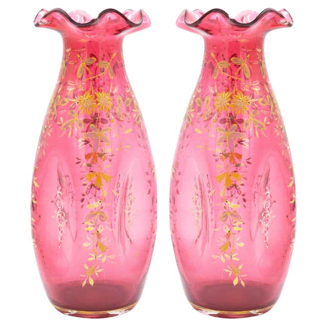 Pair Mid-Century French Cranberry Cut Crystal Trumpet Vases, Saint ...