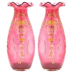Antique Pair of French Victorian Cranberry Glass Vases