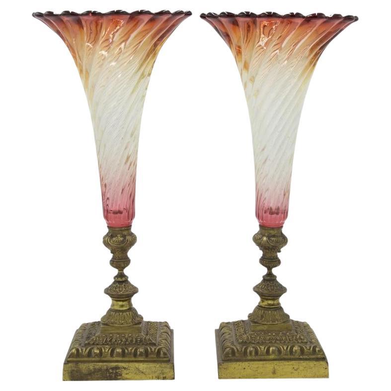 Pair of French Victorian Cranberry Swirl Glass Vases