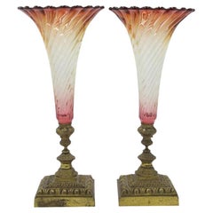 Pair of French Victorian Cranberry Swirl Glass Vases