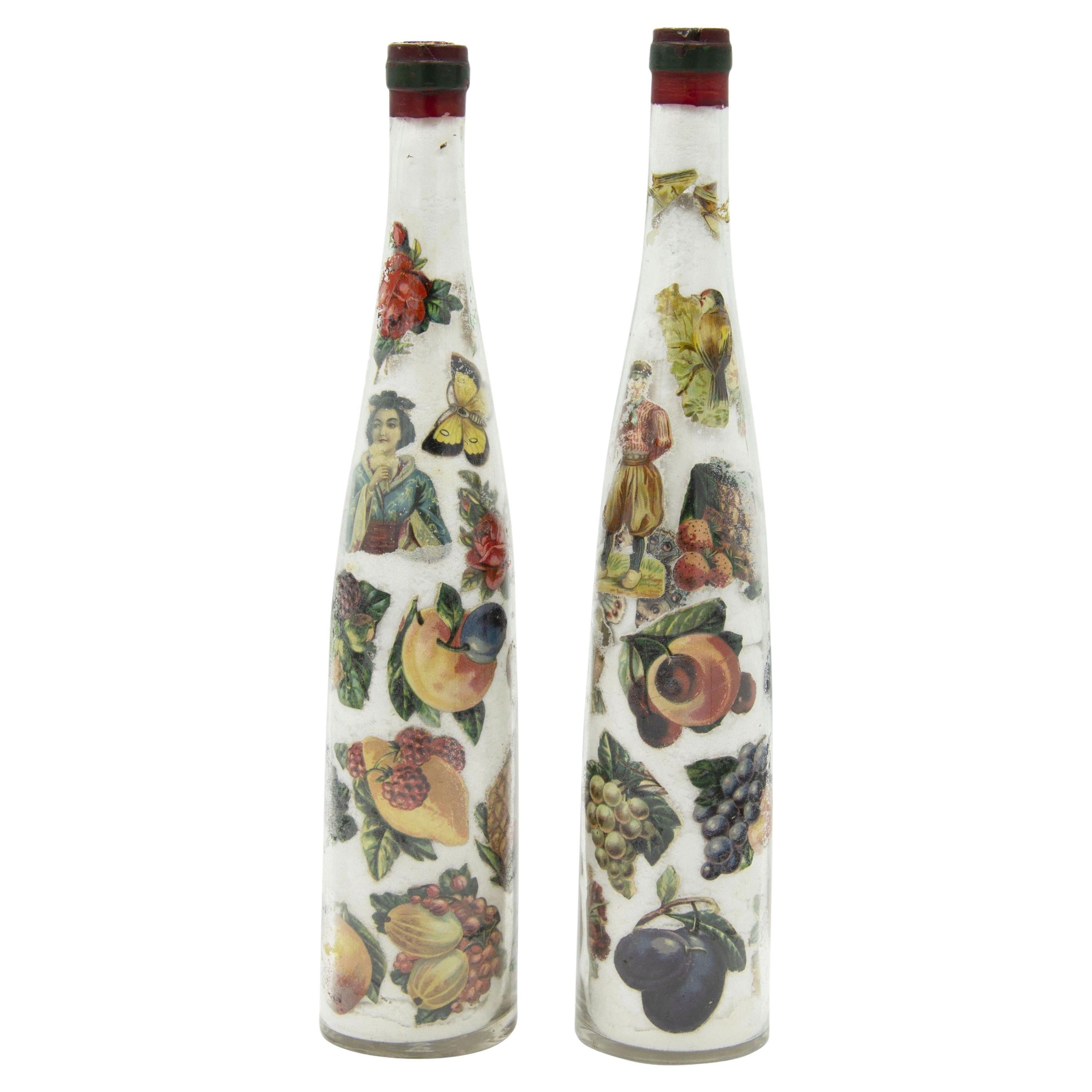 Pair of French Victorian Decoupage Wine Bottles For Sale