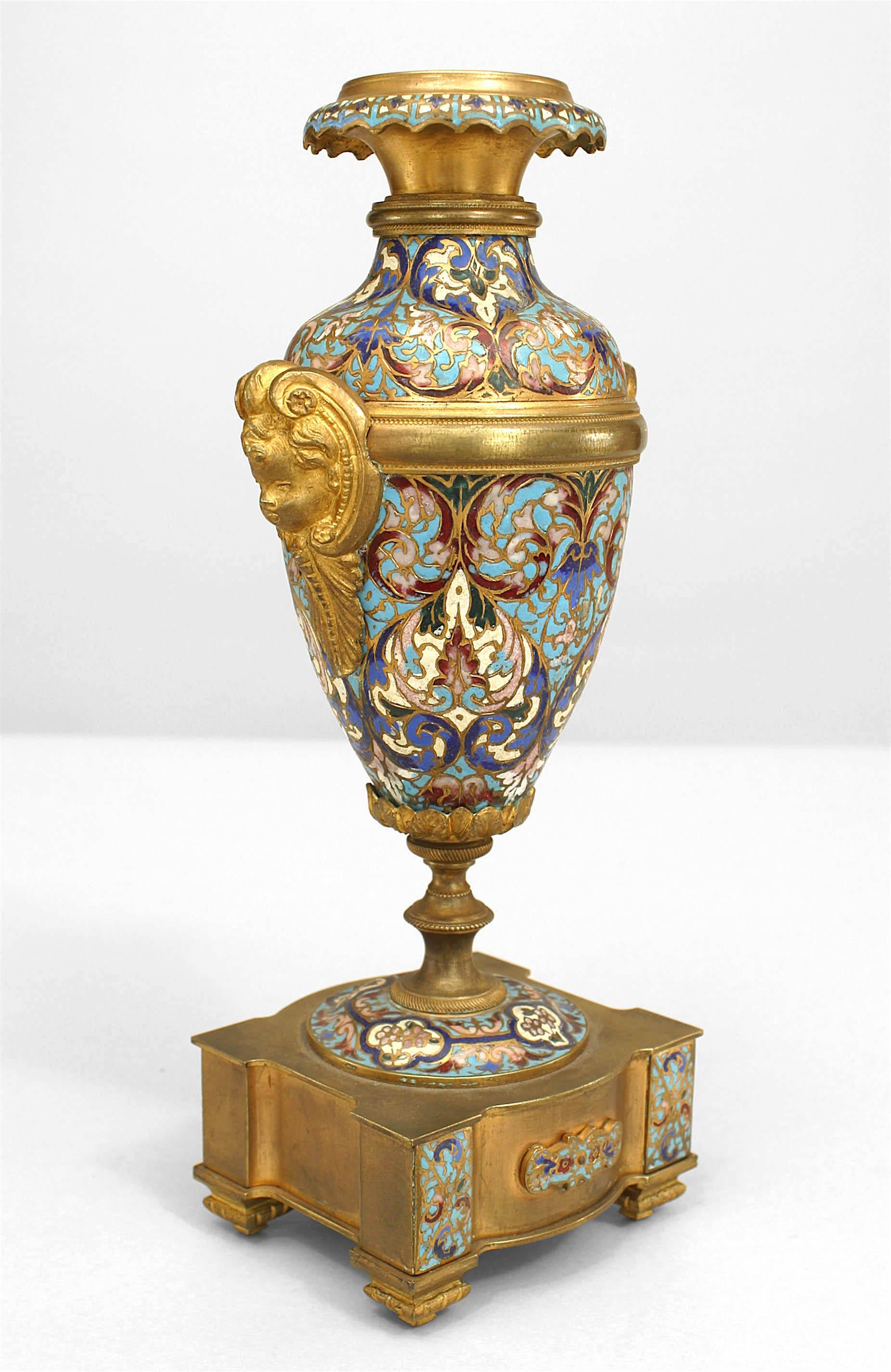 Pair of French Victorian Enamel and Gilt Bronze Urn Vases In Good Condition In New York, NY