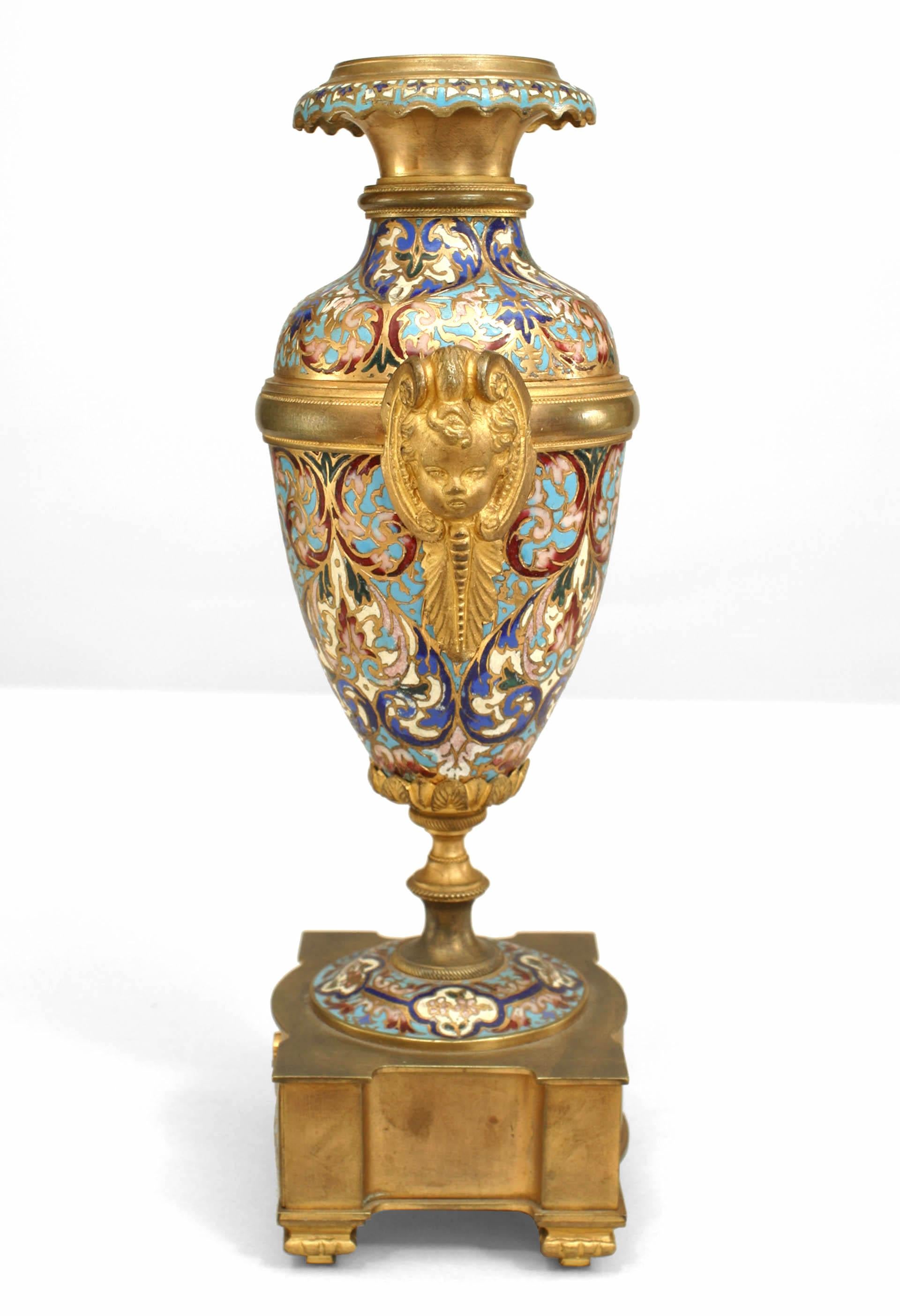 19th Century Pair of French Victorian Enamel and Gilt Bronze Urn Vases