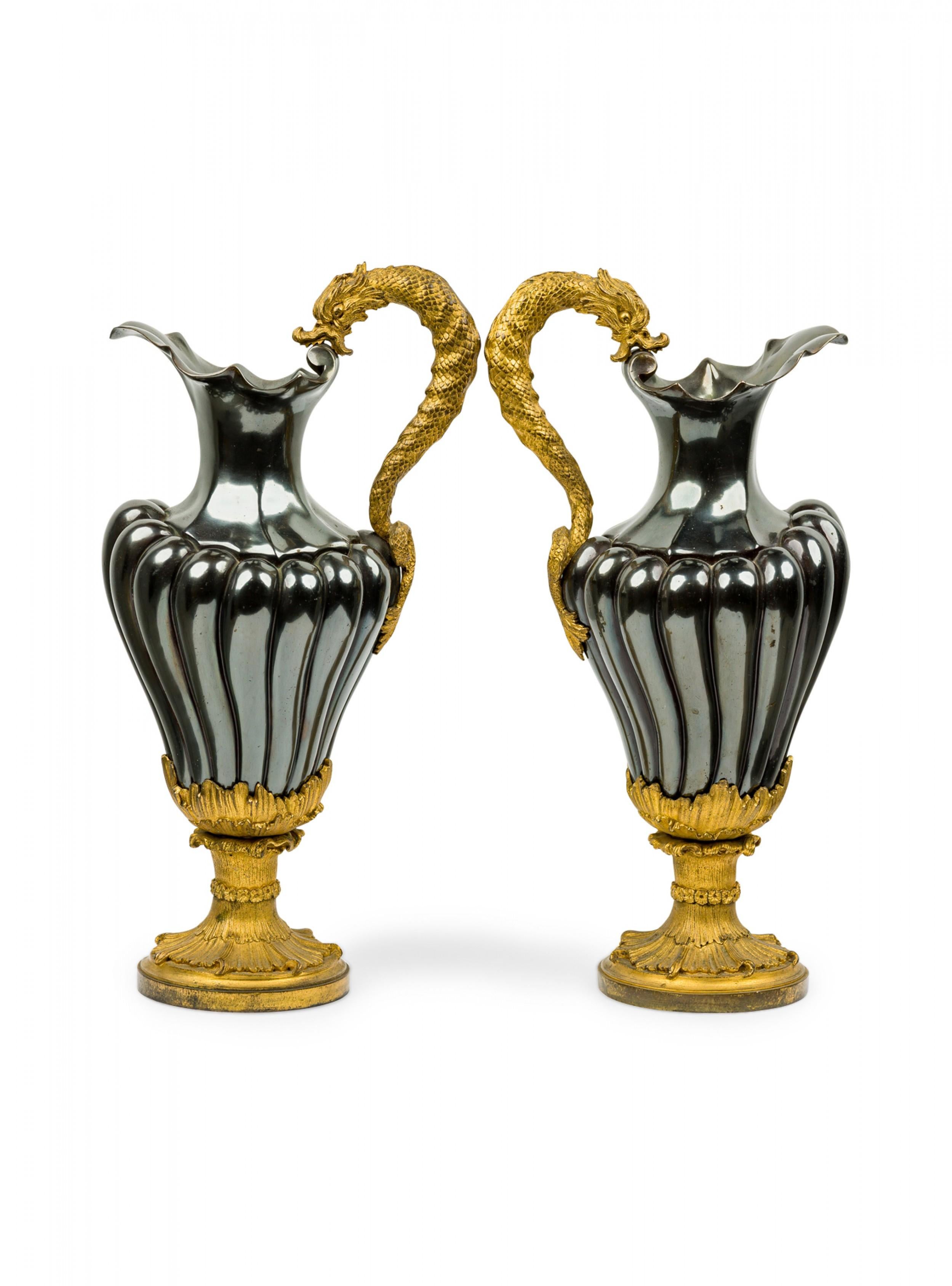 Pair of French Victorian Enameled Bronze Serpent Handle and Gilt Urns / Ewers In Good Condition For Sale In New York, NY