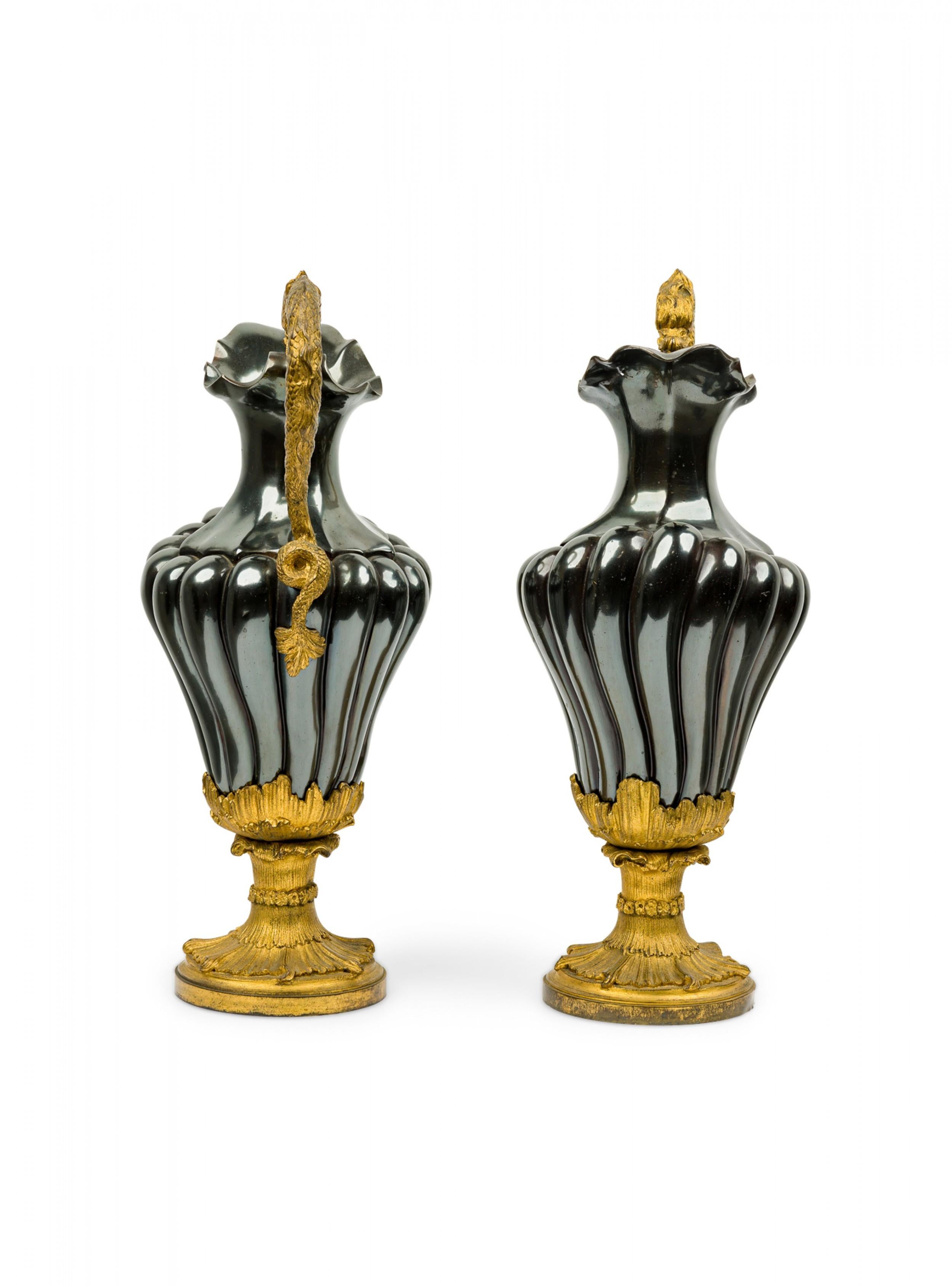 20th Century Pair of French Victorian Enameled Bronze Serpent Handle and Gilt Urns / Ewers For Sale
