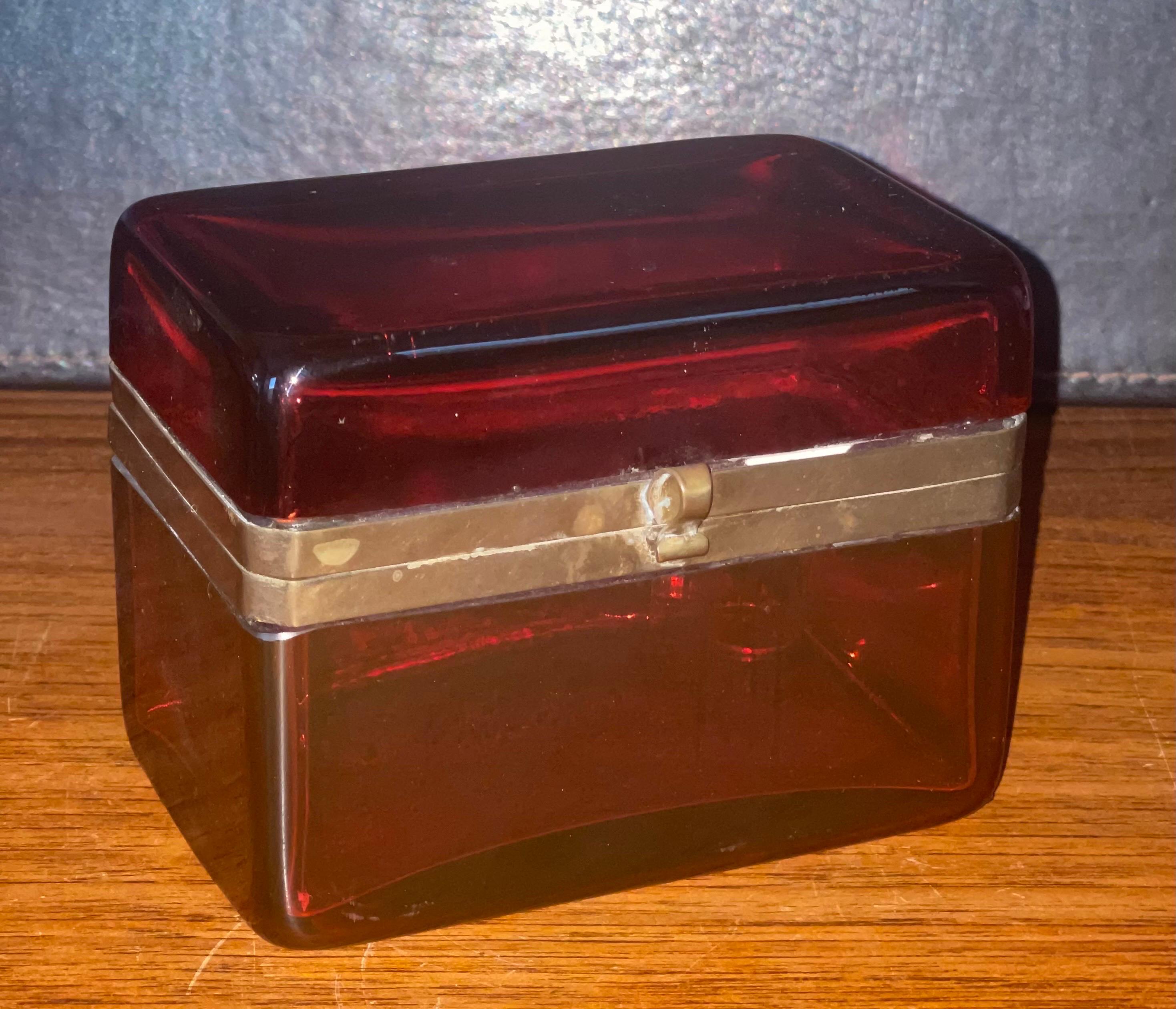 Pair of French Victorian Era Cranberry Glass Lidded Trinket Boxes 6