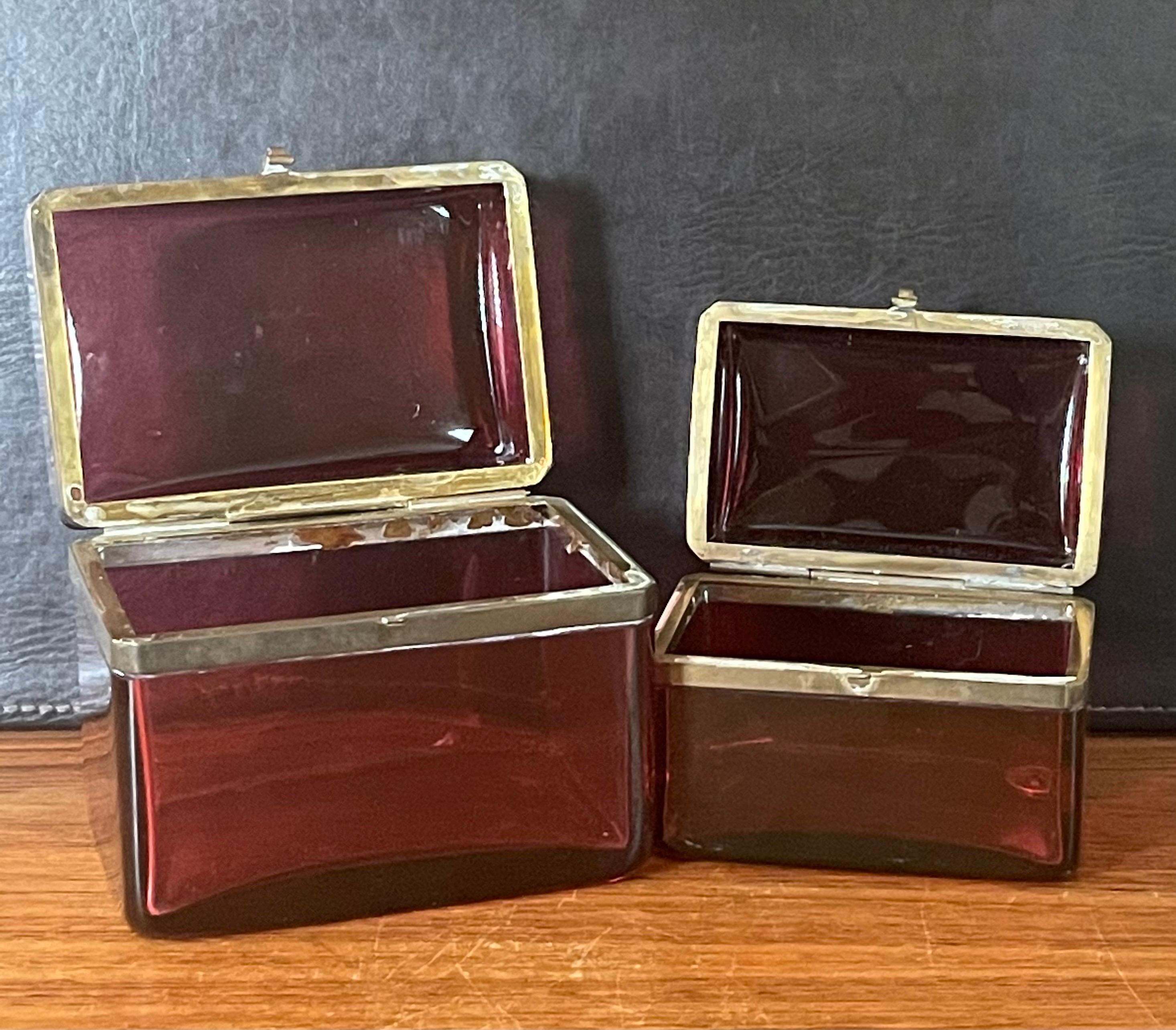 19th Century Pair of French Victorian Era Cranberry Glass Lidded Trinket Boxes