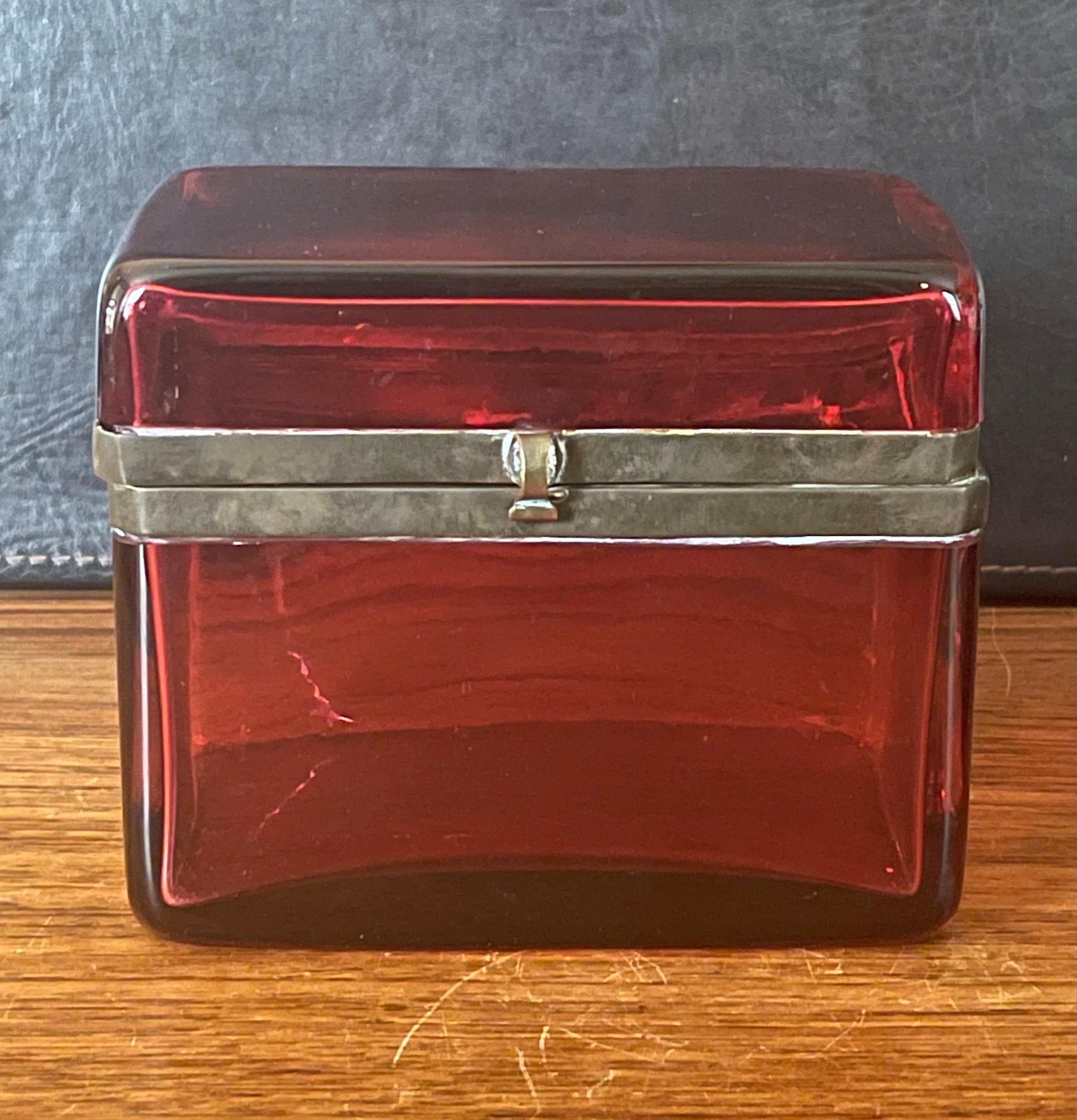 Pair of French Victorian Era Cranberry Glass Lidded Trinket Boxes 1
