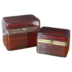 Pair of French Victorian Era Cranberry Glass Lidded Trinket Boxes