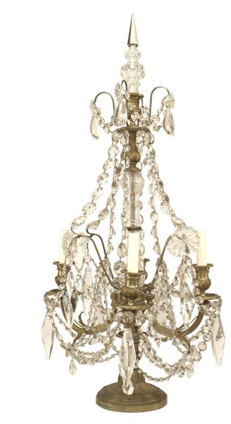 Pair of French Victorian fluted bronze and crystal 4 arm candelabra with finial top and beaded crystal swags. (PRICED AS Pair)
