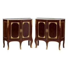Pair of French Victorian Mahogany and Brass Marble Top Commodes