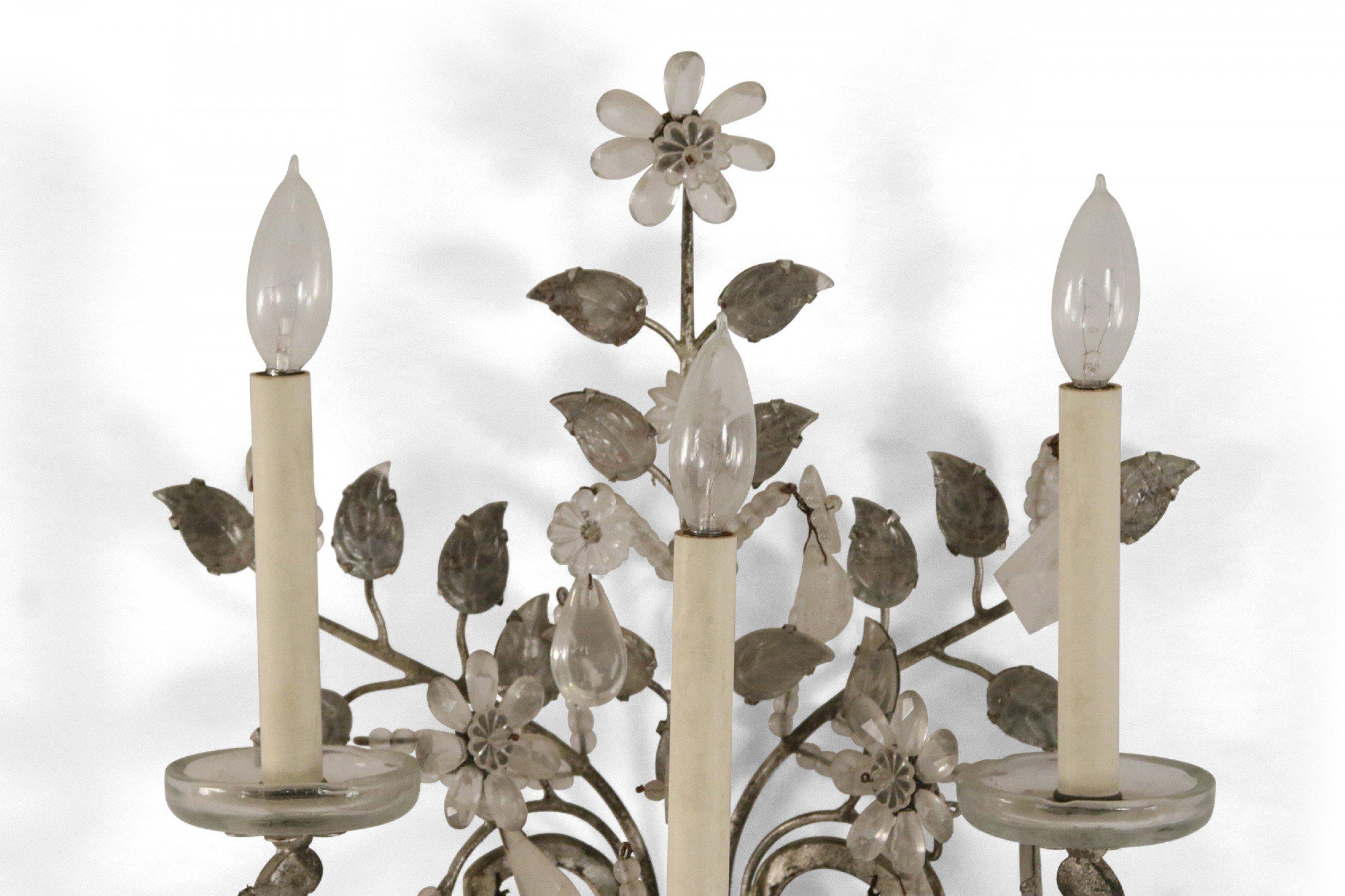 Pair of French Victorian-style metal 3-light (electrified) wall sconces with rock crystal leaf design, and decorative teardrops (PRICED AS PAIR).