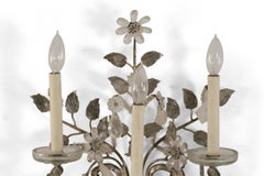 Pair of French Victorian Metal Leaf and Floral Crystal Wall Sconces