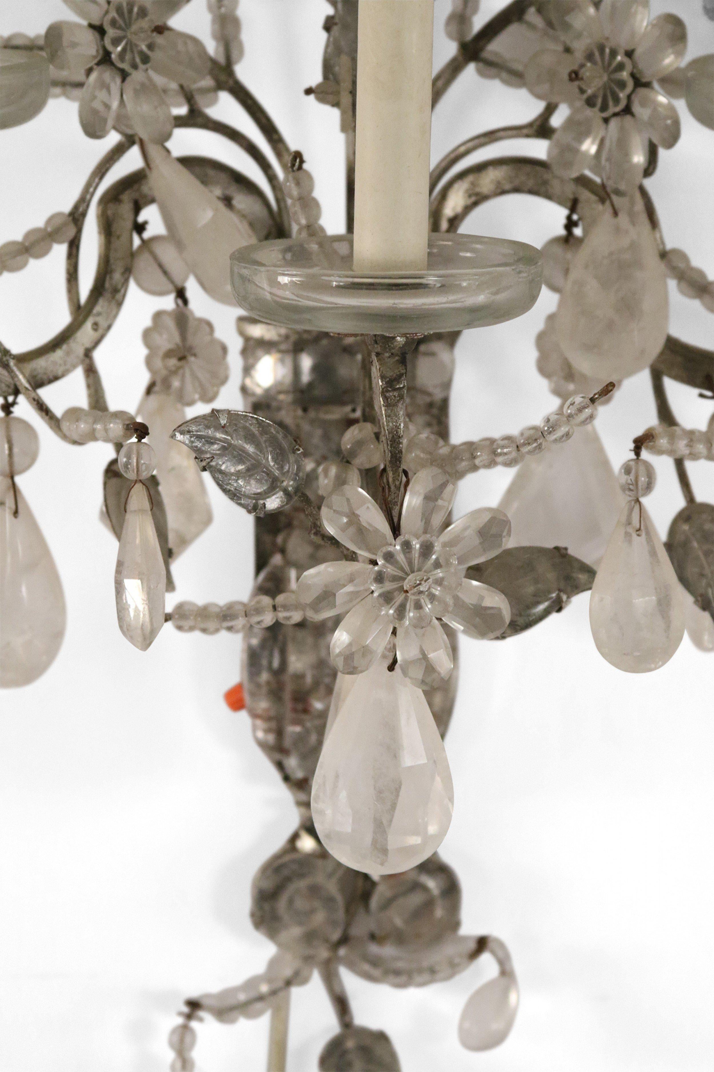 Pair of French Victorian Metal Leaf and Floral Crystal Wall Sconces In Good Condition For Sale In New York, NY