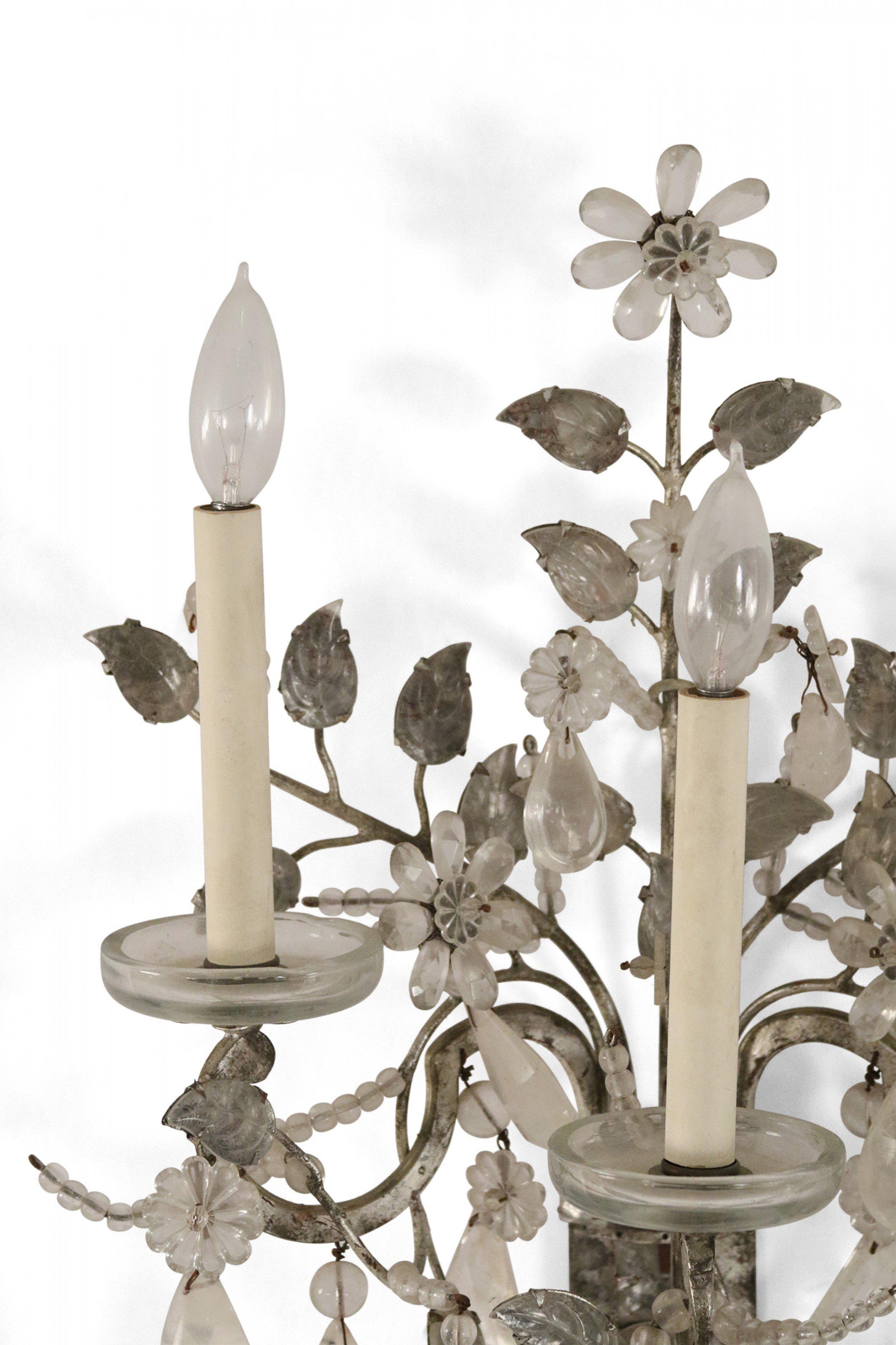 19th Century Pair of French Victorian Metal Leaf and Floral Crystal Wall Sconces For Sale
