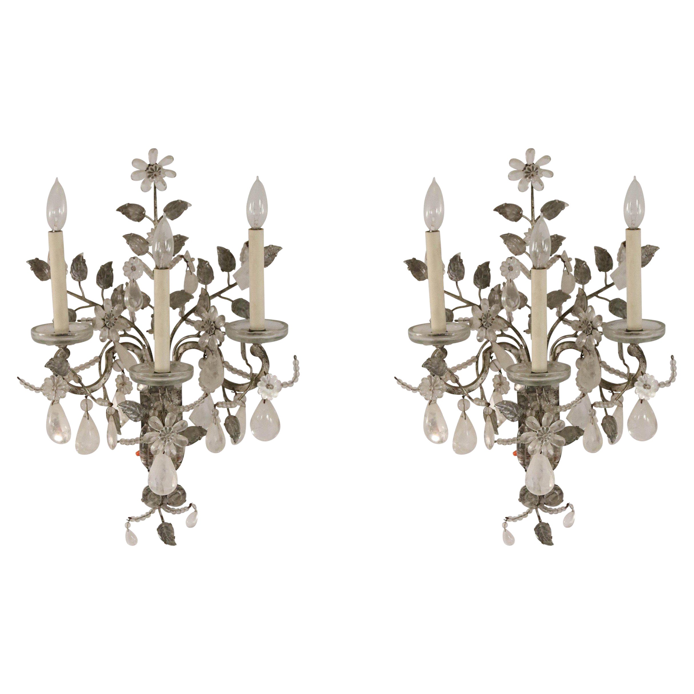 Paire d'Appliques Murales Victoriennes Françaises en Métal Feuille et Cristal Floral