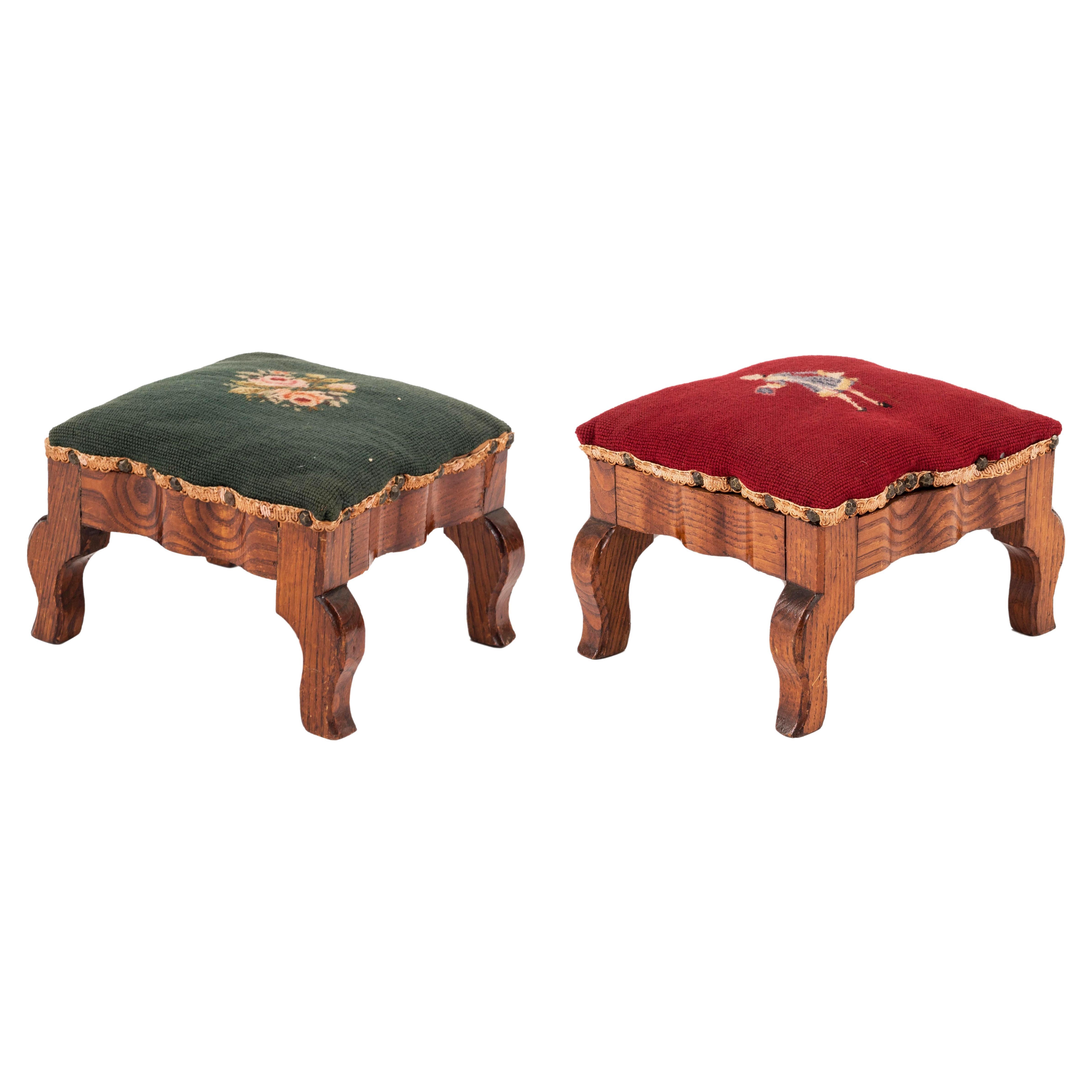 Pair of Married French Victorian Needlepoint Foot Stools For Sale