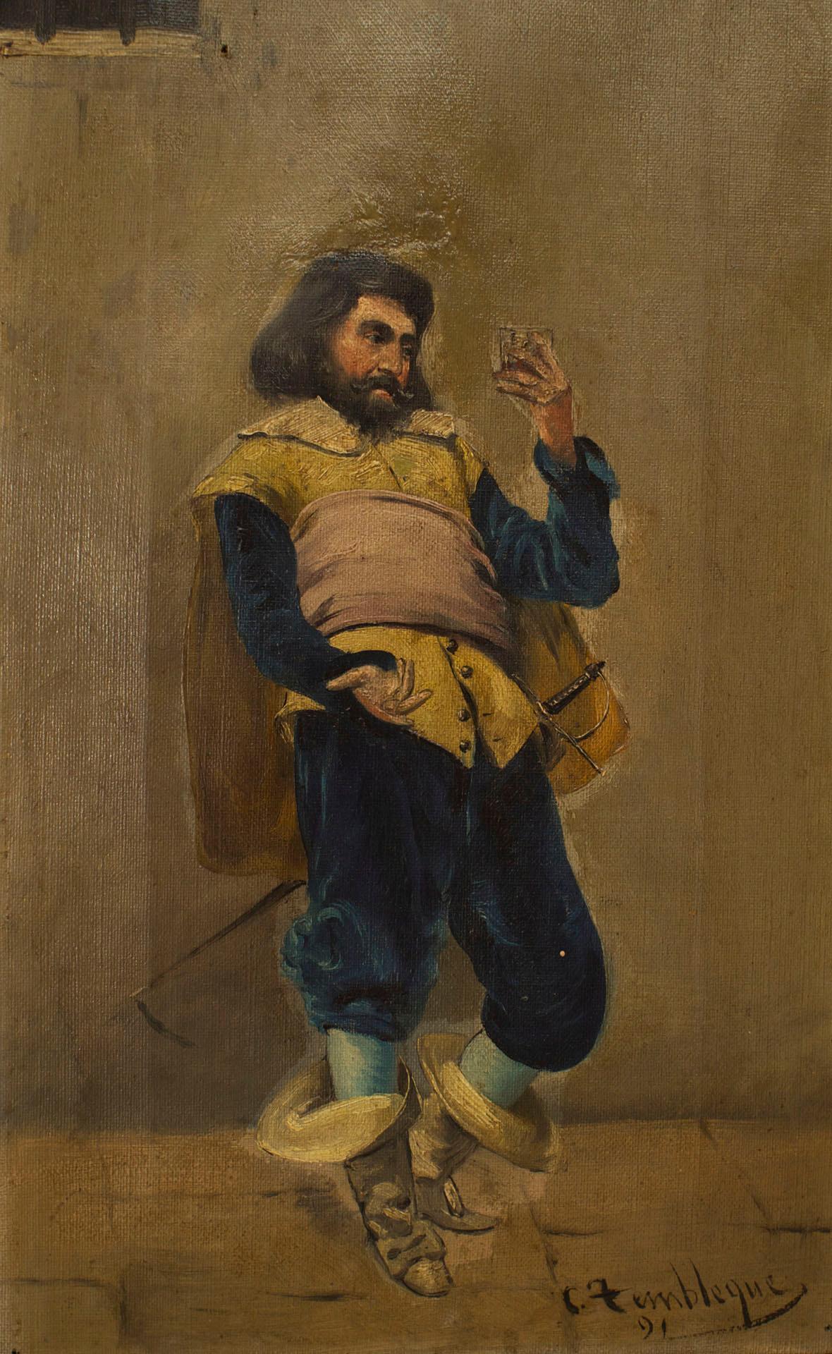Vittoriano Coppia di dipinti a olio francesi vittoriani raffiguranti cavalieri in piedi in vendita