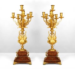 Pair of French Victorian Rouge Marble and Bronze Candelabra