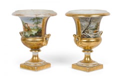 Pair of French Victorian Sevre Compagna Gilt and Painted Porcelain Urns