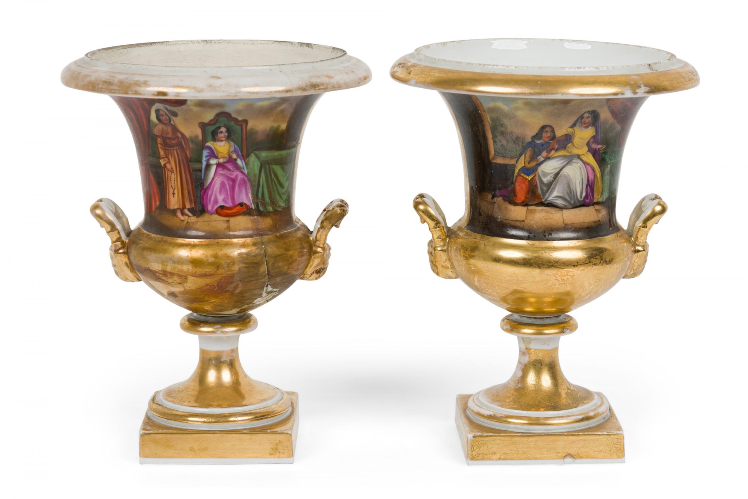 20th Century Pair of French Victorian Sevre Compagna Gilt and Painted Porcelain Urns For Sale
