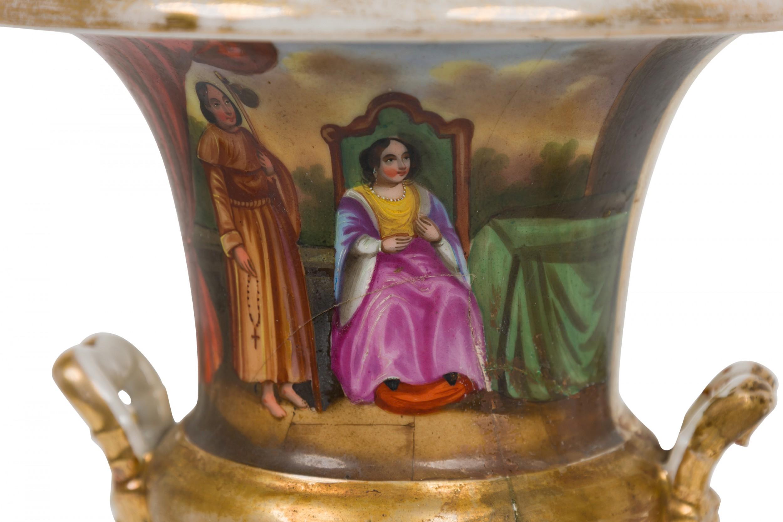 Pair of French Victorian Sevre Compagna Gilt and Painted Porcelain Urns For Sale 4