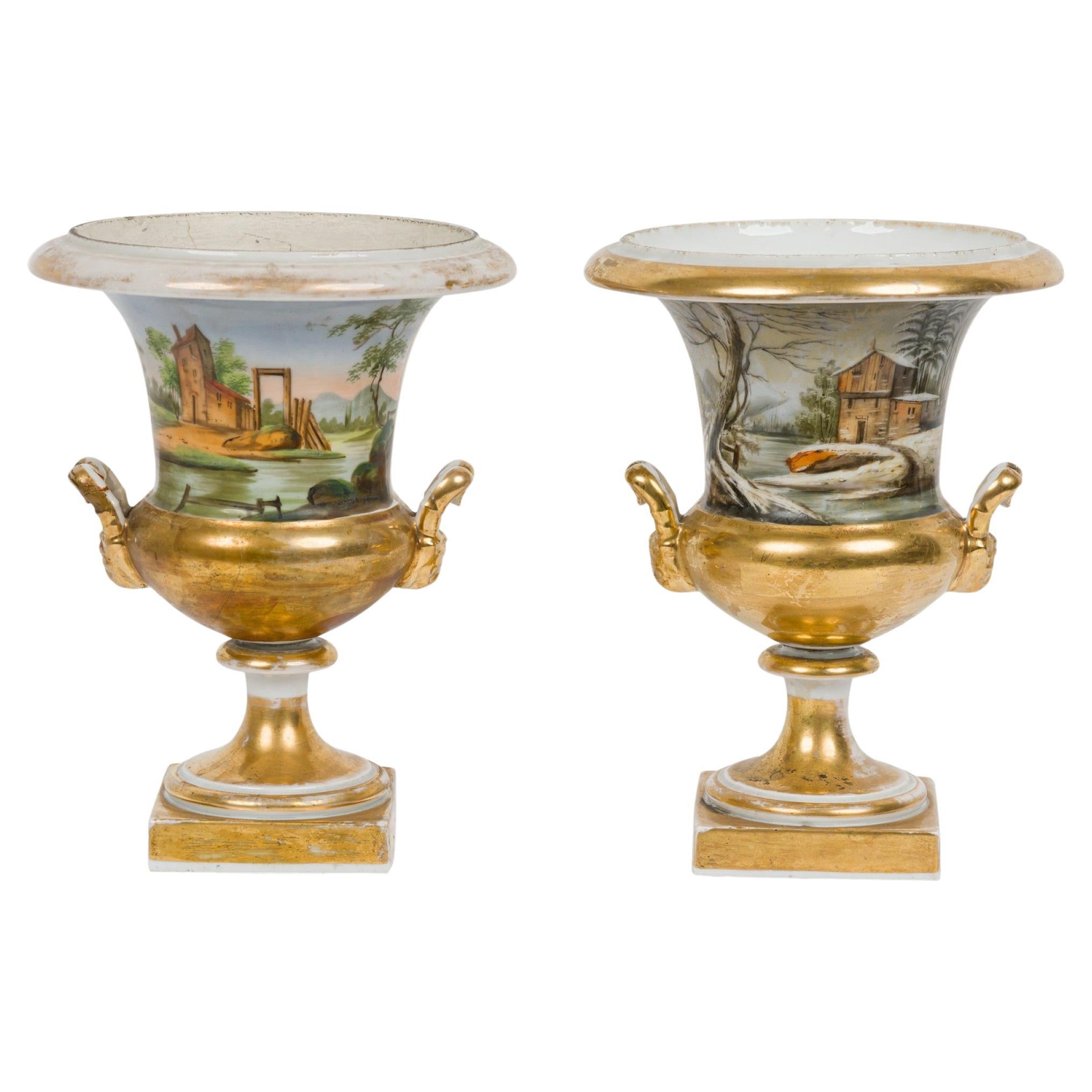Pair of French Victorian Sevre Compagna Gilt and Painted Porcelain Urns