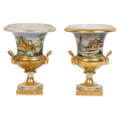 Vintage Pair of French Victorian Sevre Compagna Gilt and Painted Porcelain Urns