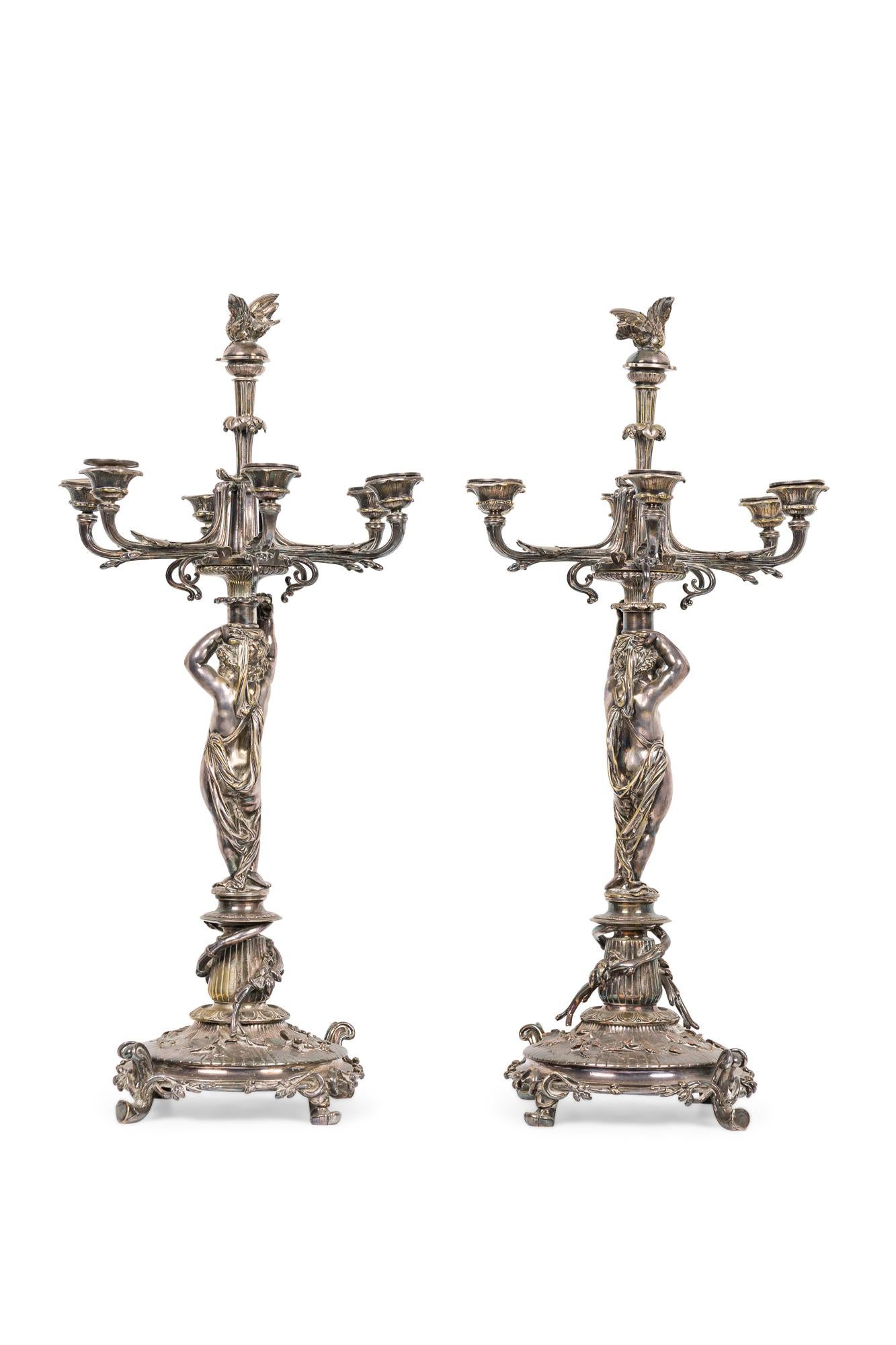 Pair of French Victorian Silver Plated Cupid Candelabras In Good Condition For Sale In Queens, NY
