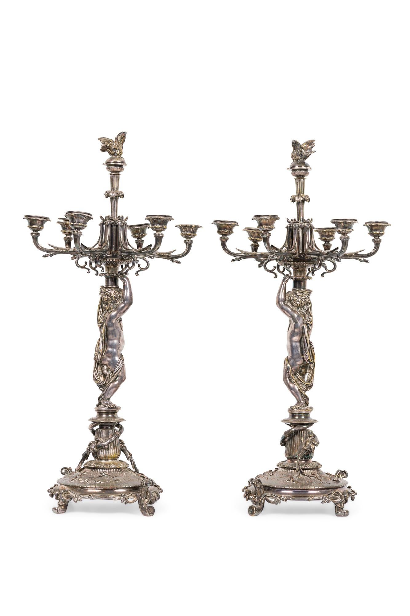 20th Century Pair of French Victorian Silver Plated Cupid Candelabras For Sale
