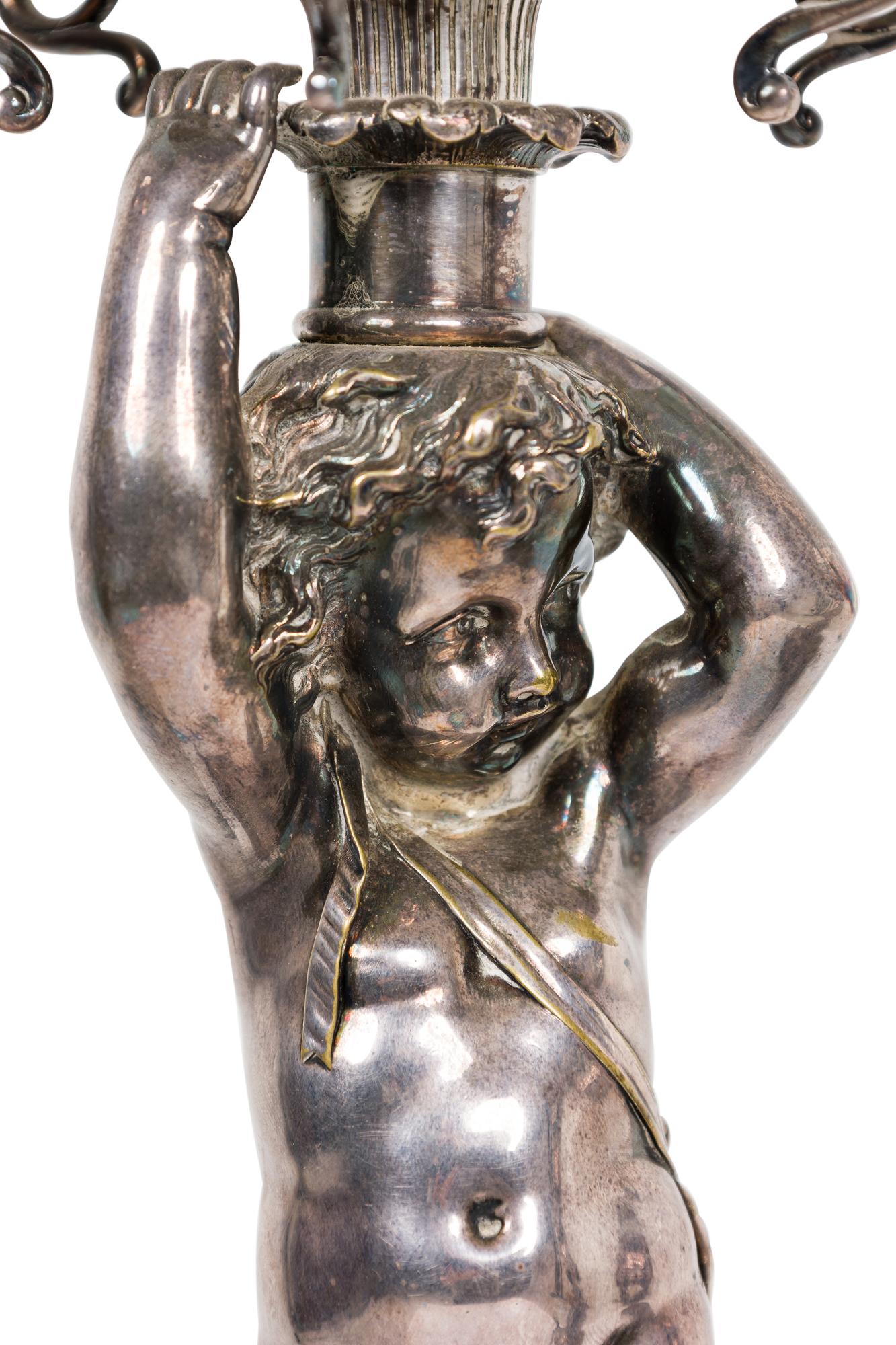 Pair of French Victorian Silver Plated Cupid Candelabras For Sale 2