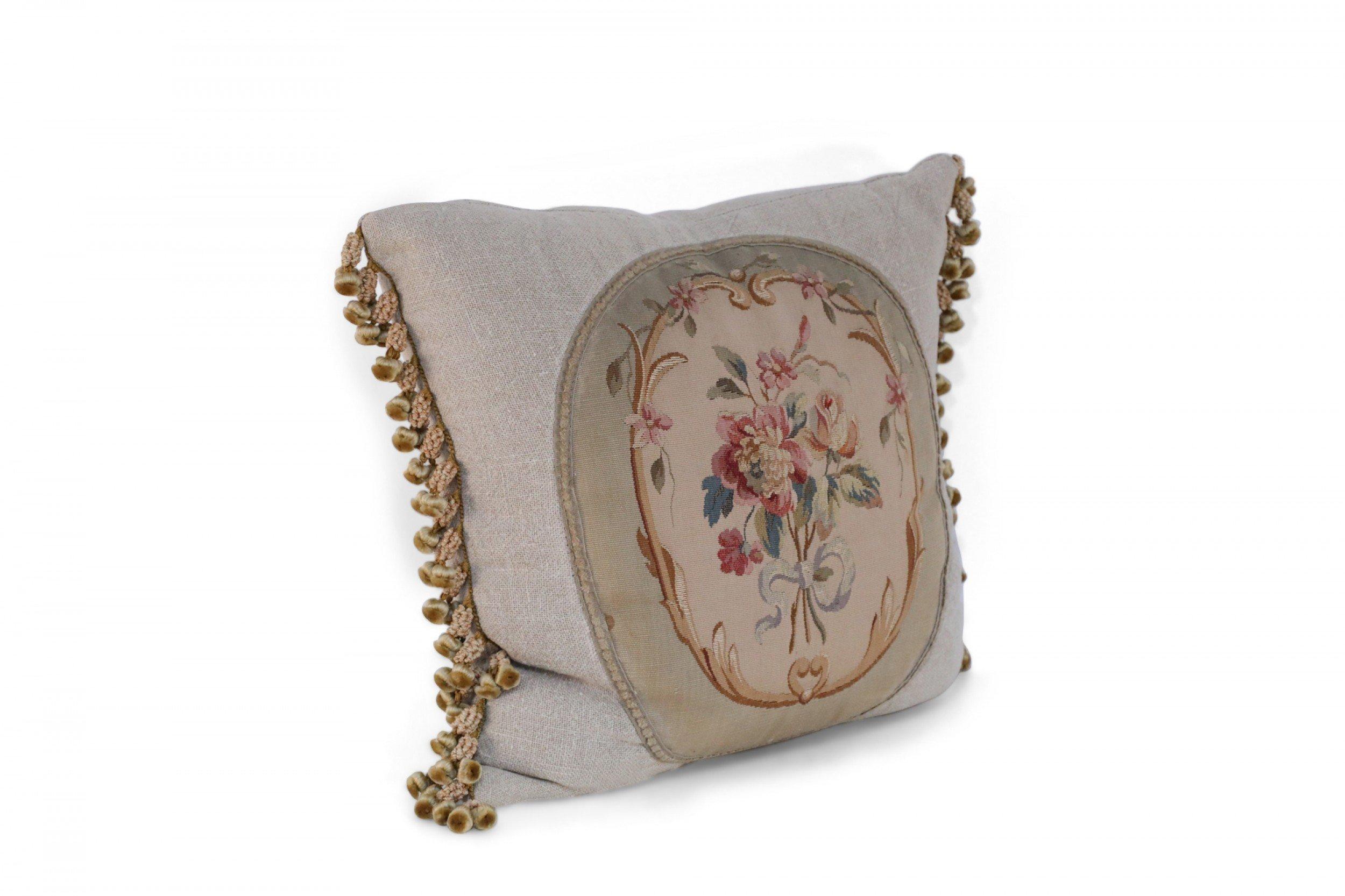 Pair of French Victorian Square Linen Pillows with Aubusson Floral Center 4