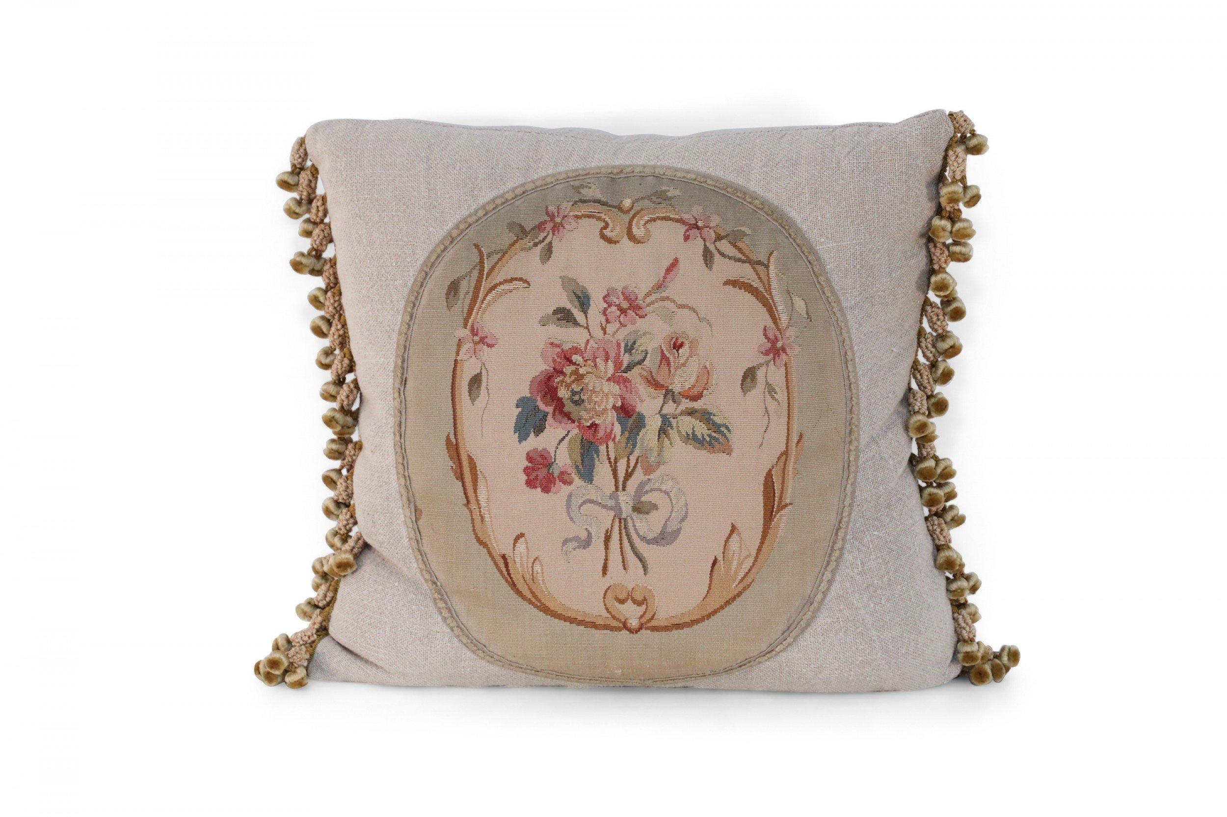 Pair of French Victorian Square Linen Pillows with Aubusson Floral Center 8