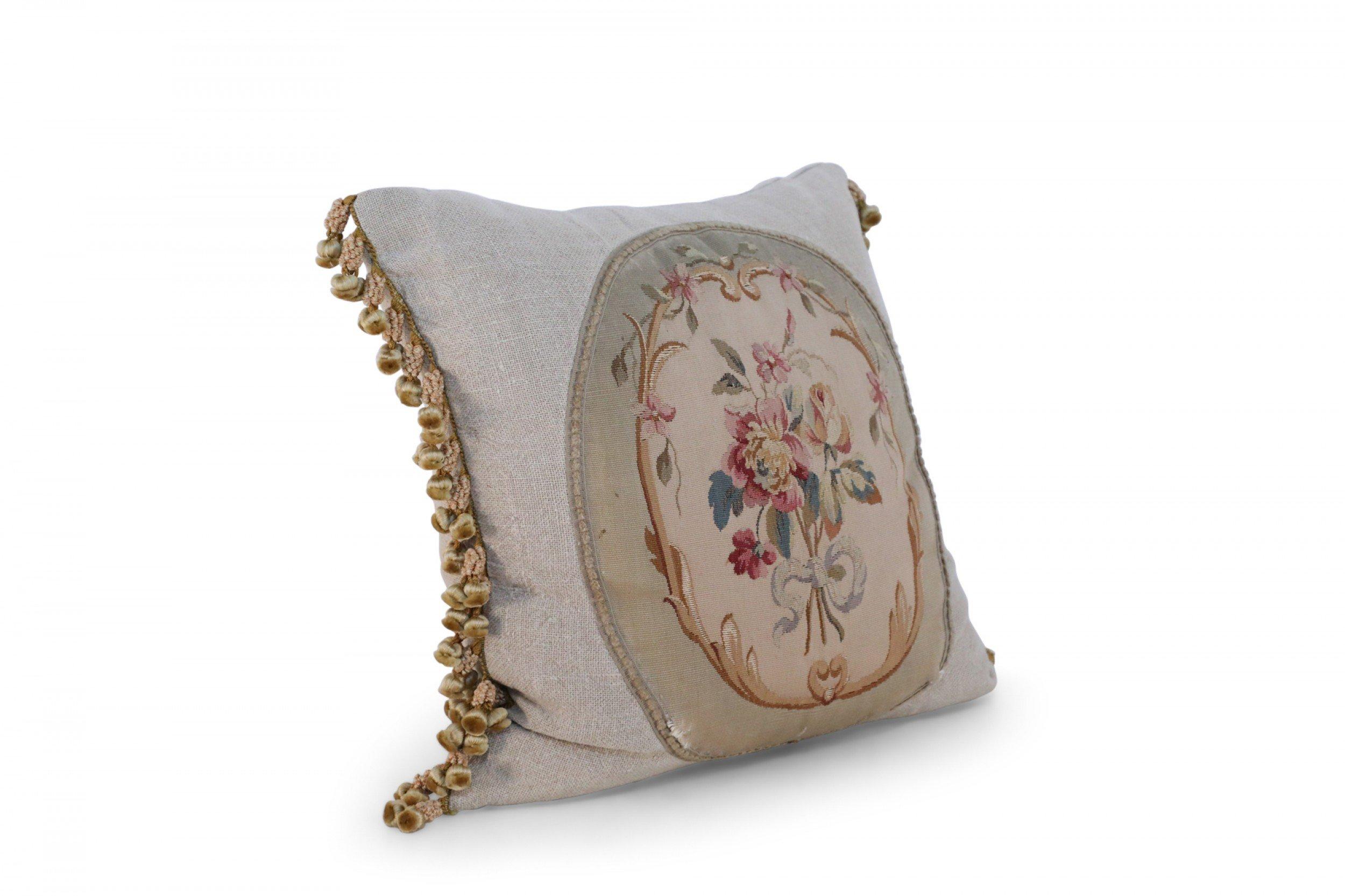 Pair of French Victorian Square Linen Pillows with Aubusson Floral Center 10