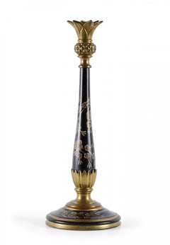 Pair of French Victorian Style Bronze and Hand-Painted Floral Wood Candlesticks