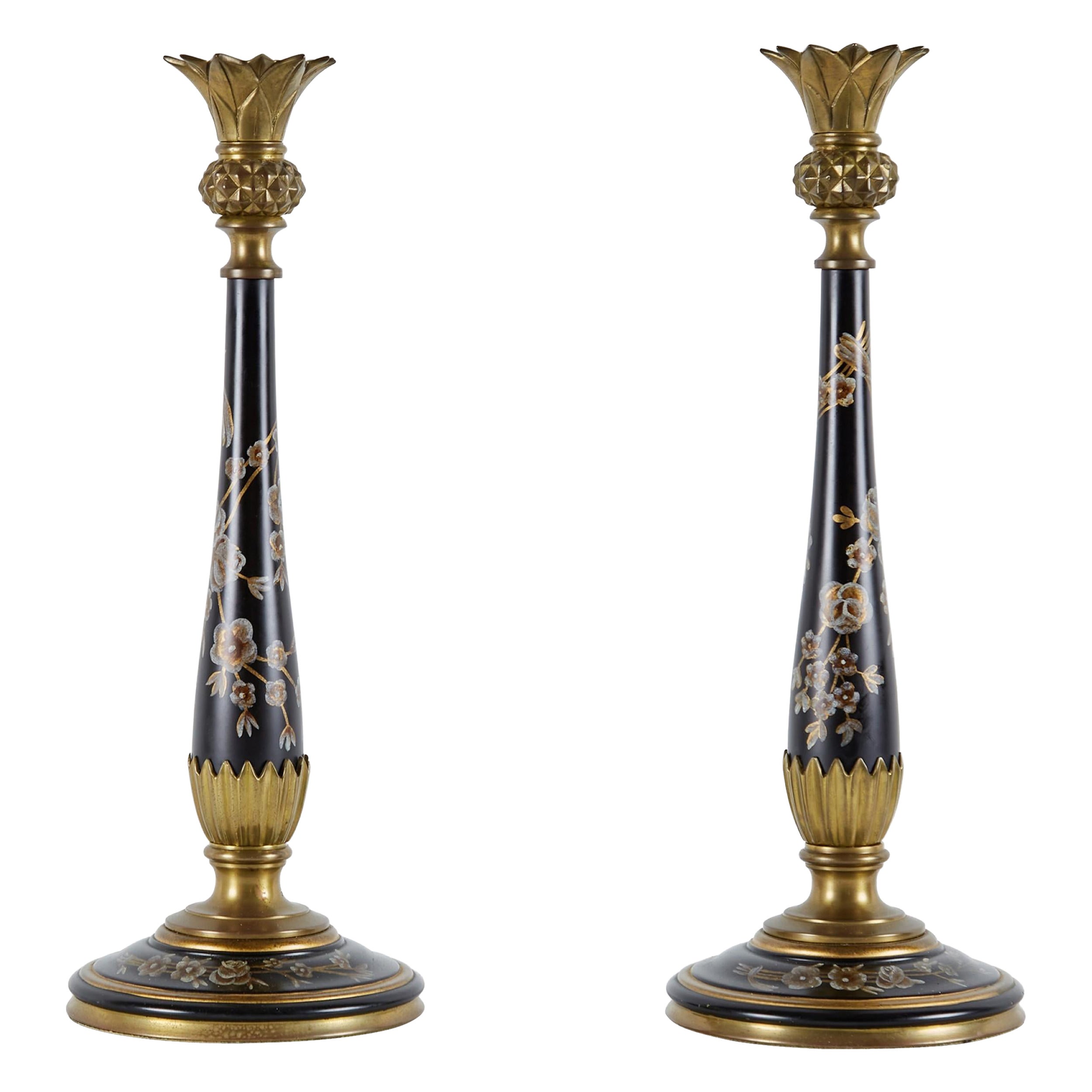 Pair of French Victorian Style Bronze and Hand-Painted Floral Wood Candlesticks