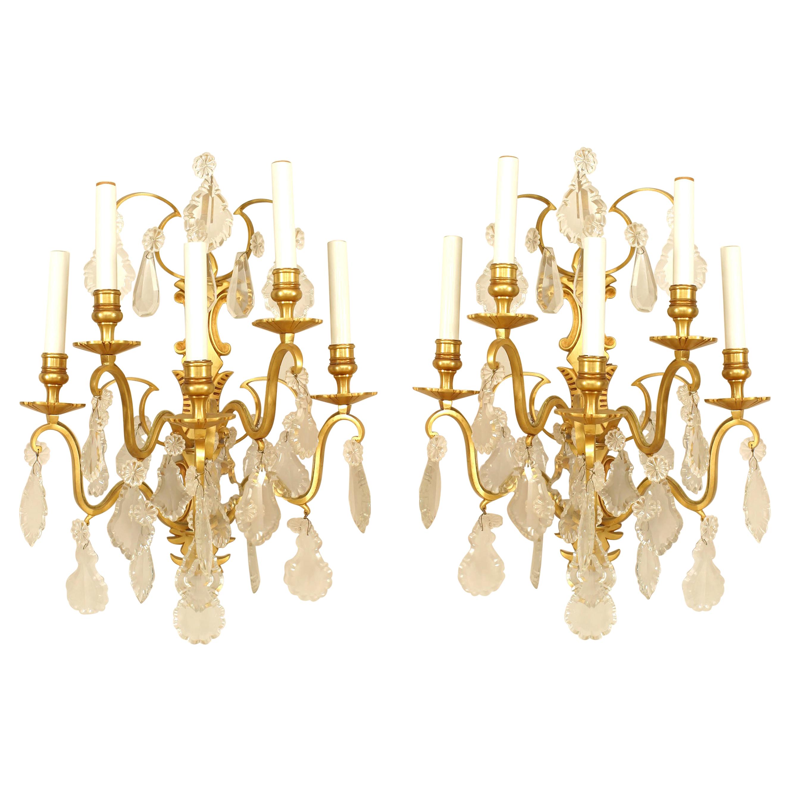 Pair of French Victorian Style Gilt Bronze and Crystal Wall Sconces