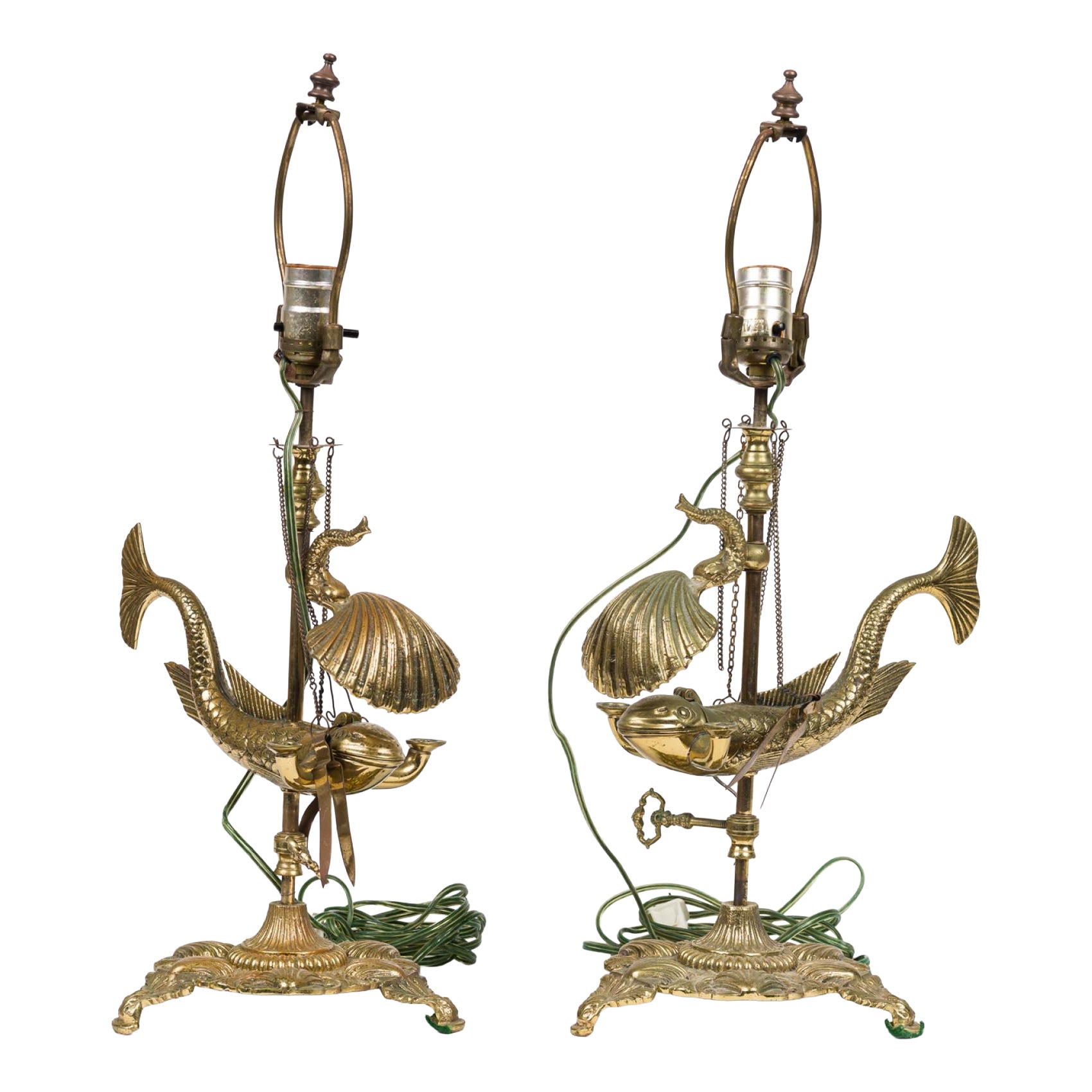 PAIR of French Victorian style gilded bronze fish table lamps For Sale