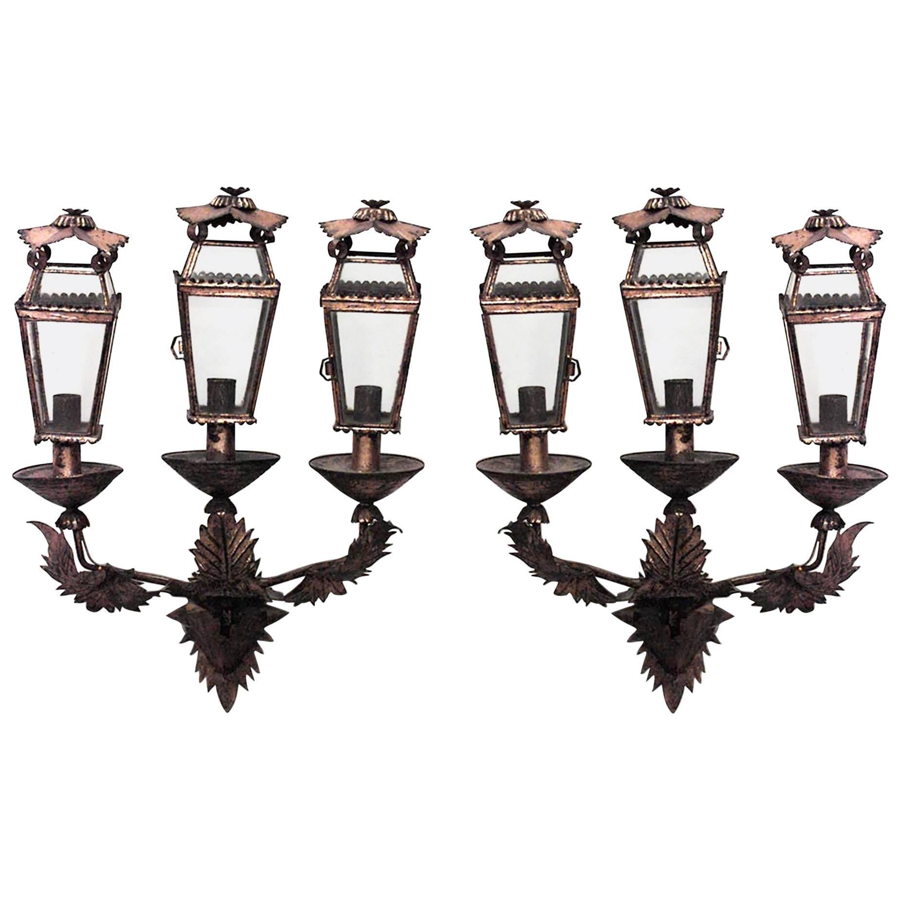 Pair of French Victorian Style Gilt Lantern Sconces For Sale