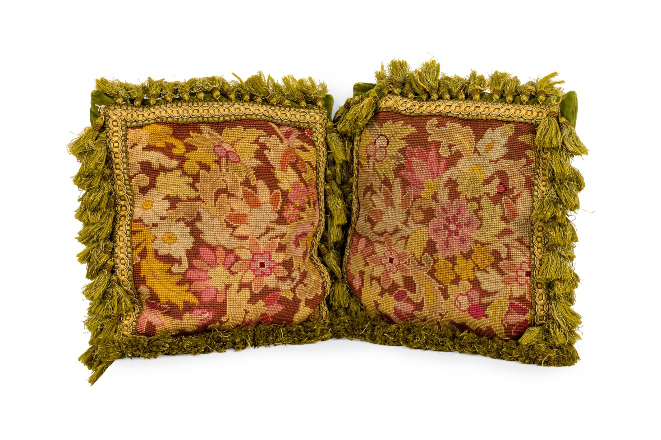 Hand-Crafted Pair of French Victorian-Style Pink Floral and Green Tapestry Throw Pillows For Sale