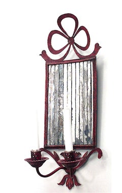Pair of French Victorian Red Tole and Mirror Bow Knot Wall Sconces