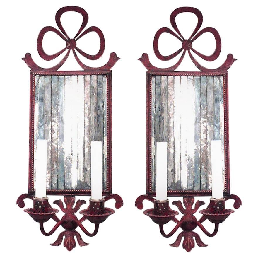 Pair of French Victorian Red Tole and Mirror Bow Knot Wall Sconces For Sale