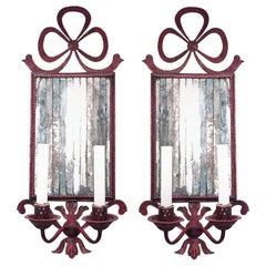 Vintage Pair of French Victorian Red Tole and Mirror Bow Knot Wall Sconces