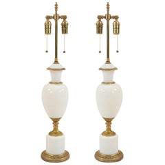 Pair of French Victorian Style White Opaline Glass Table Lamps