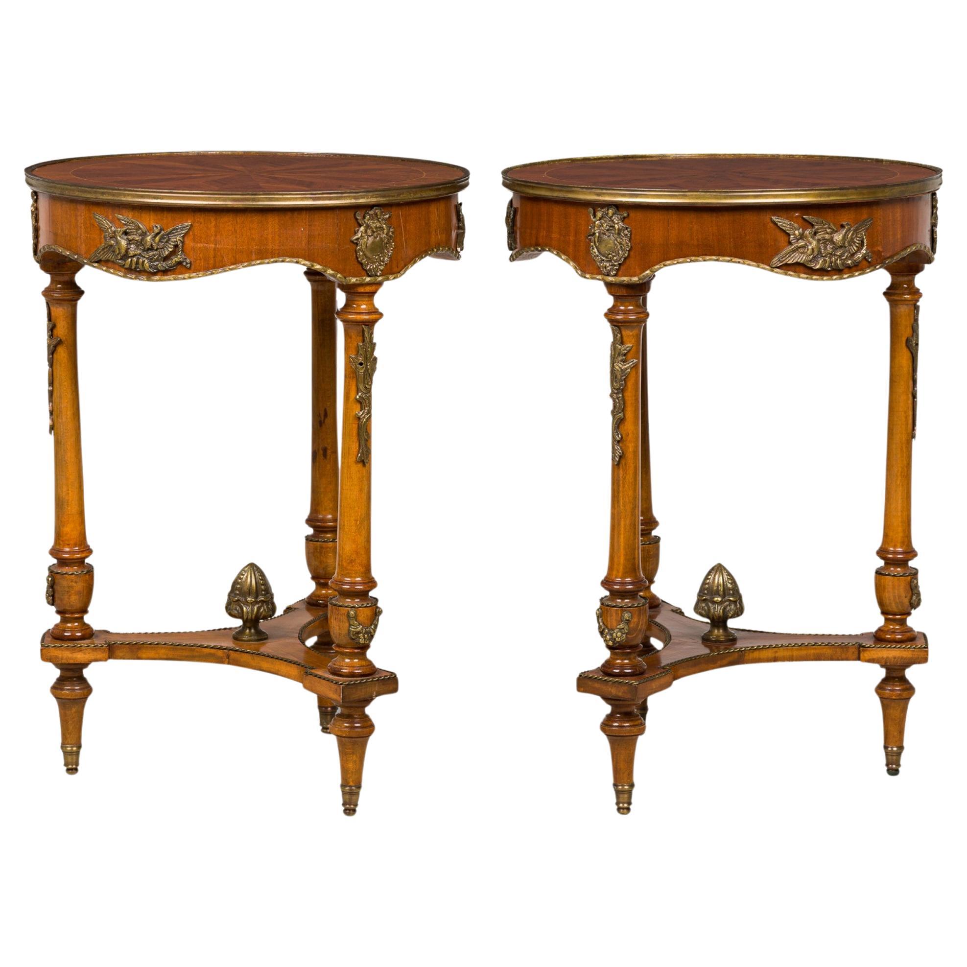 French Victorian Circular Side Tables with Inlaid Tops and Brass Trim