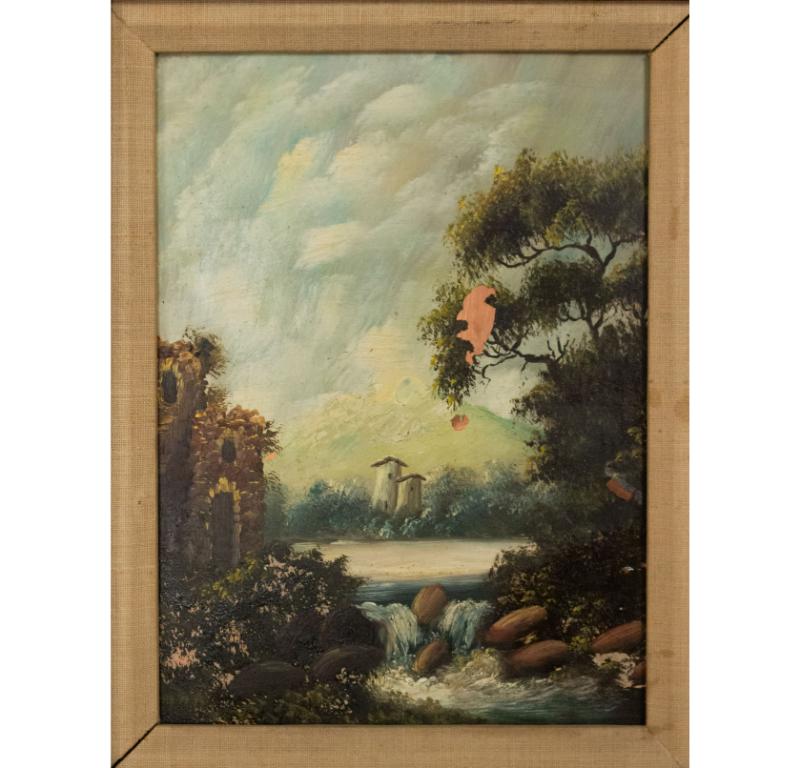 PAR de óleos franceses de estilo victoriano (s. XIX/XX) pintados en verde y enmarcados en dorado de un paisaje vertical con río. (PRECIO POR PAR)

Estado: (Estado Vintage)