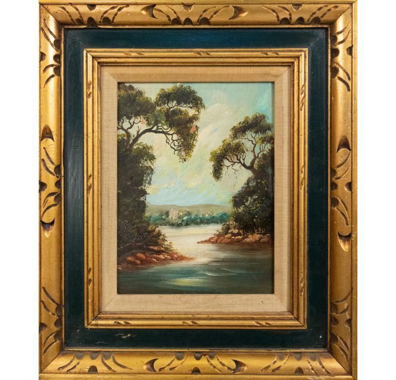 Pareja de Paisajes Verticales Victorianos Franceses de Río Pintura en venta