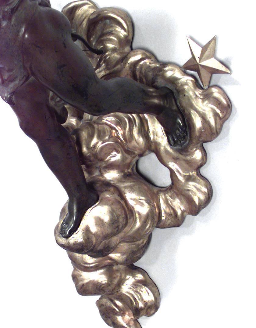 Pair of French Victorian Patinated Brass Cupid Wall Sconces In Good Condition For Sale In New York, NY