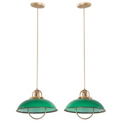 Pair of French Vintage Art Deco Green Glass and Brass Pull-Down Lights