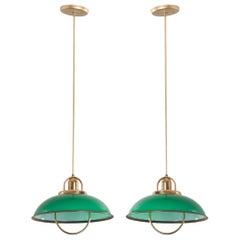 Pair of French Vintage Art Deco Green Glass and Brass Pull-Down Lights